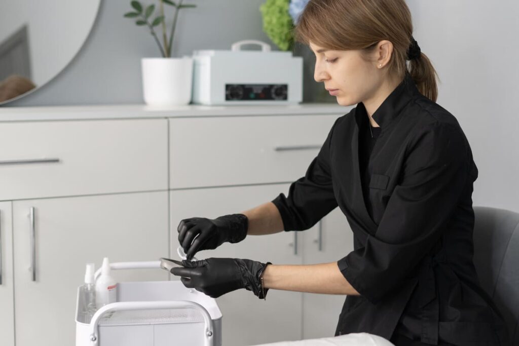 Profesional aplicando medidas de higiene y desinfección en cabina siguiendo la normativa sanitaria vigente.